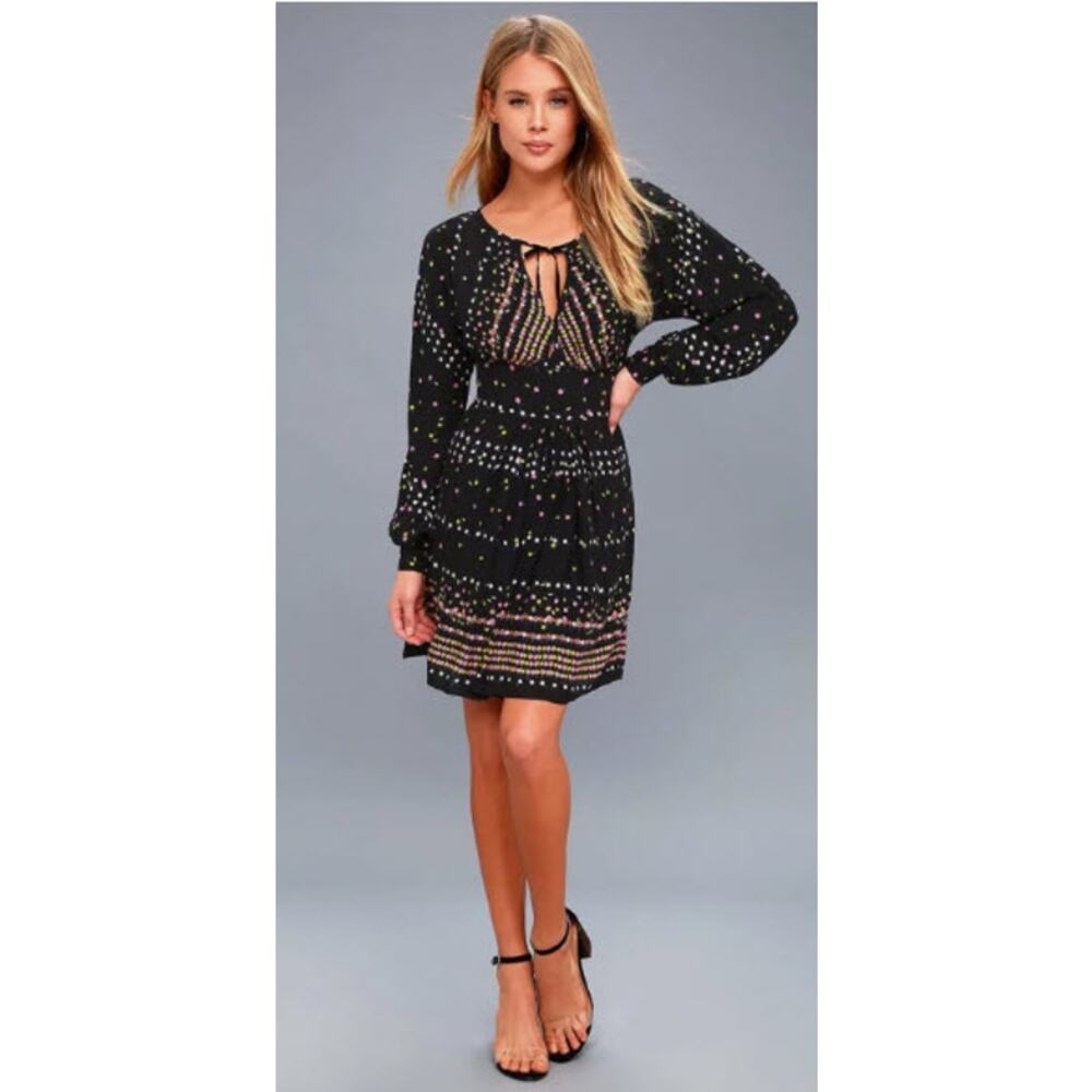 Free People OB736059 Coryn Long Sleeve Mini Dress in Black Combo Size 6